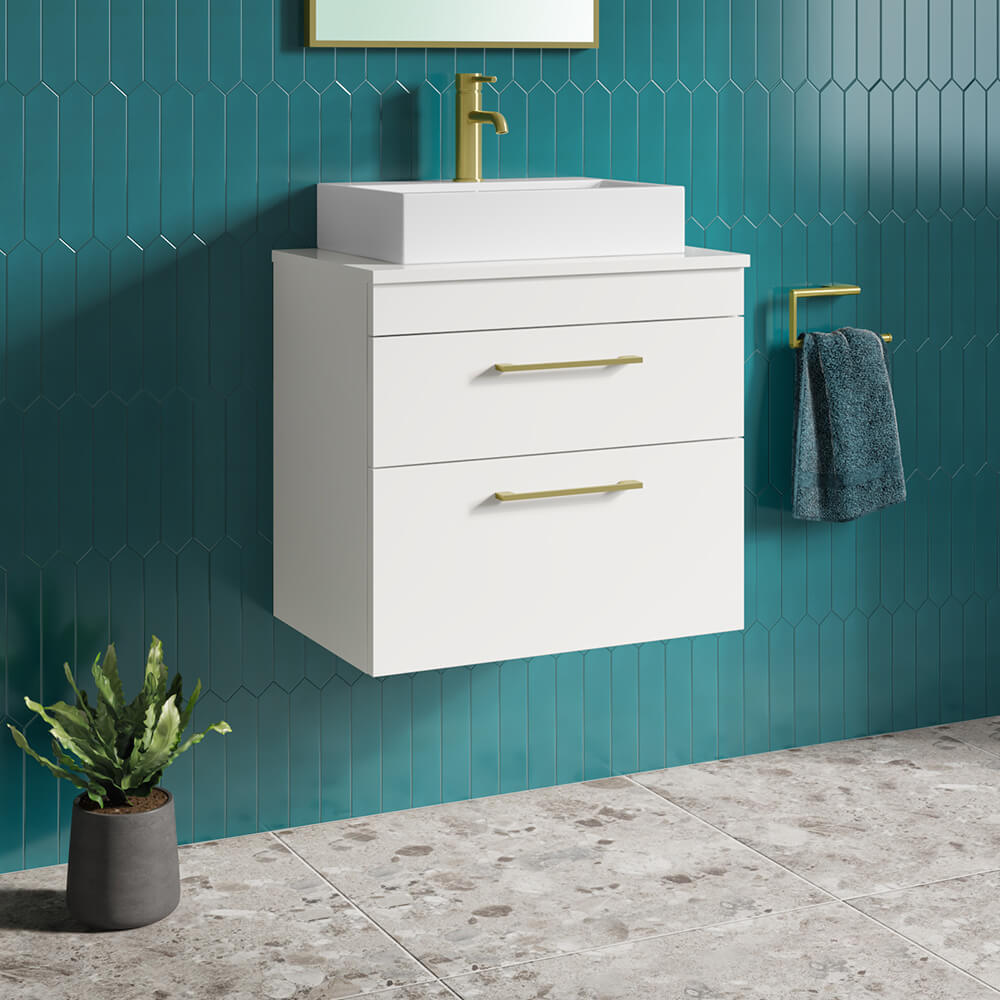 Emily Gloss White Wall Mounted 2 Drawer Vanity Unit and Countertop with Brushed Brass Handles