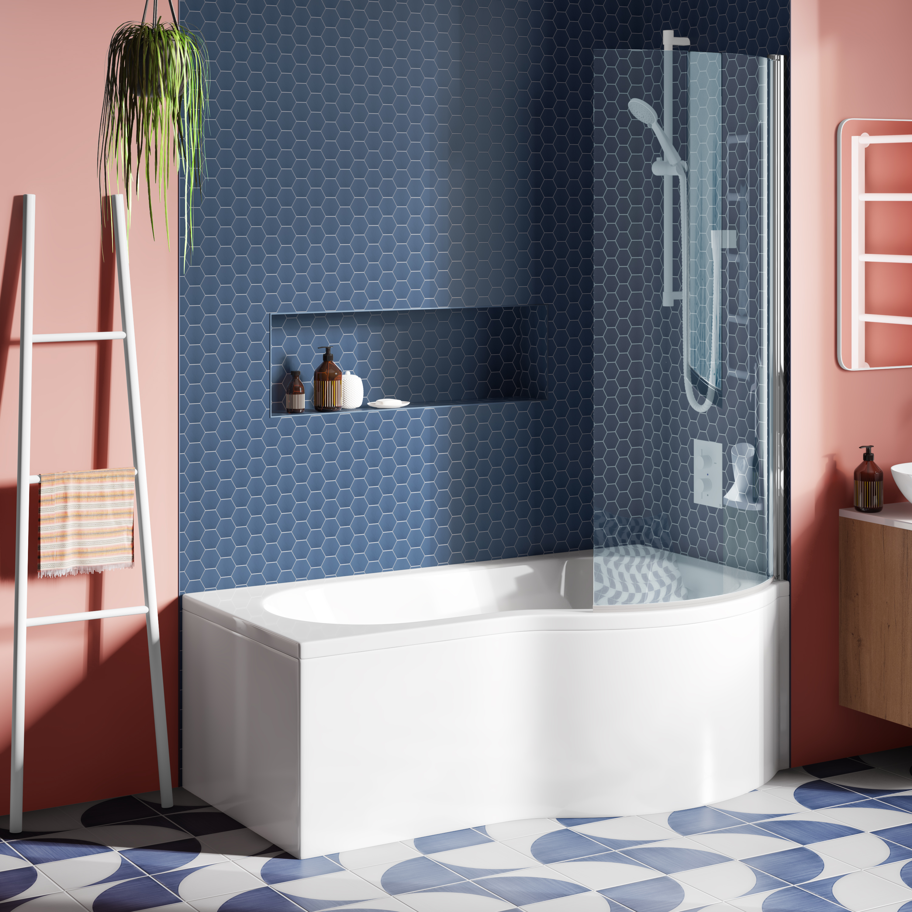 Drench Curved Polished Chrome Hinged P-Bath Screen - 1433 x 700mm