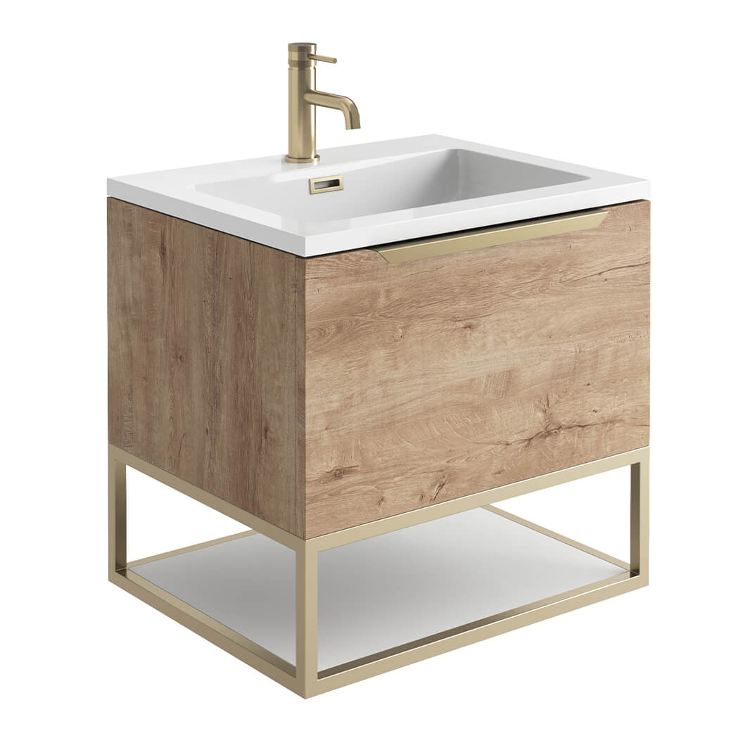 Harbour Virtue 600mm Wall Hung Vanity Unit with LED Illumination, Brushed Brass Frame Shelf and Handle & Basin